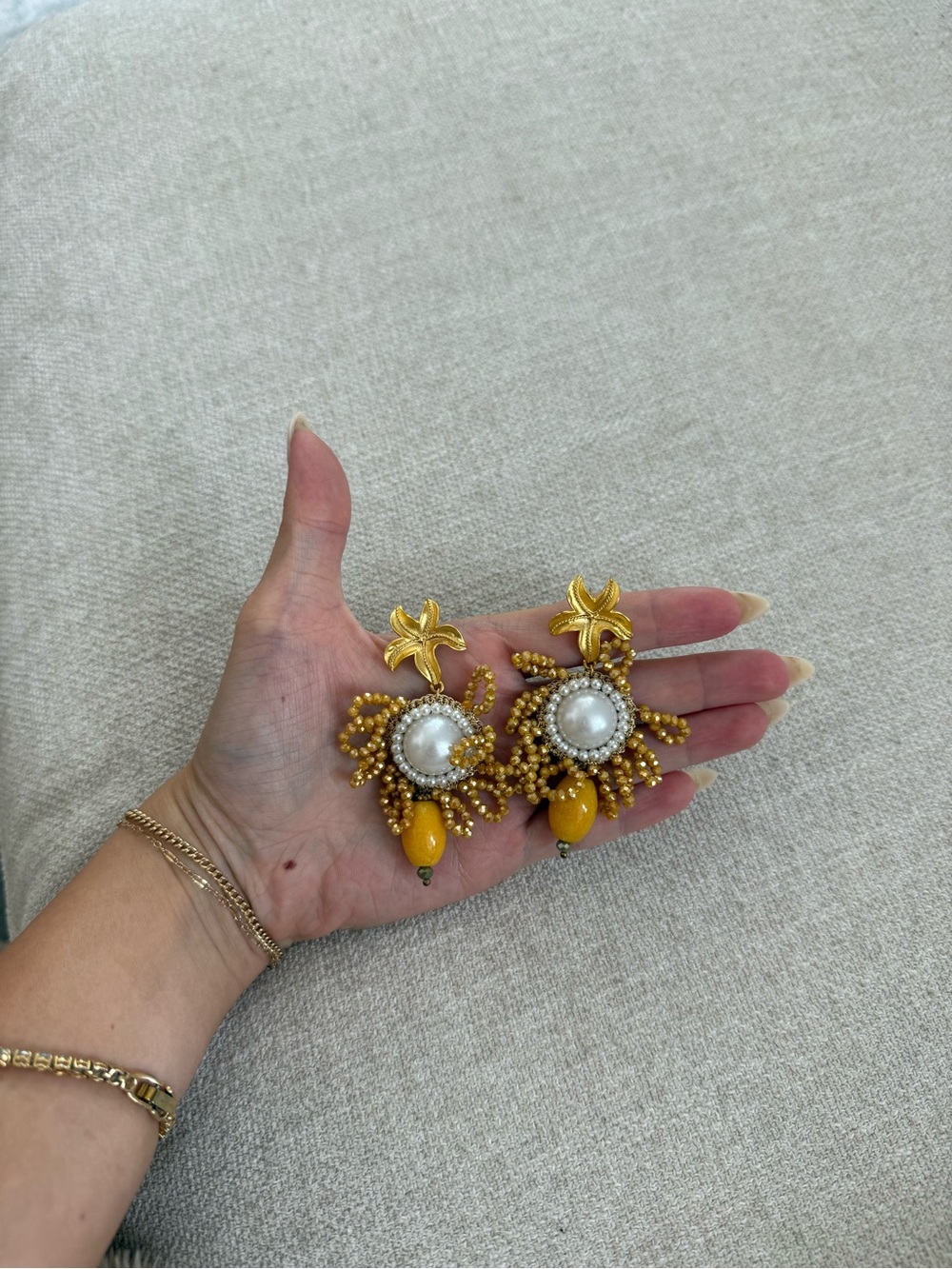 Italian Gold and Yellow Beaded Pearl Drop Earrings